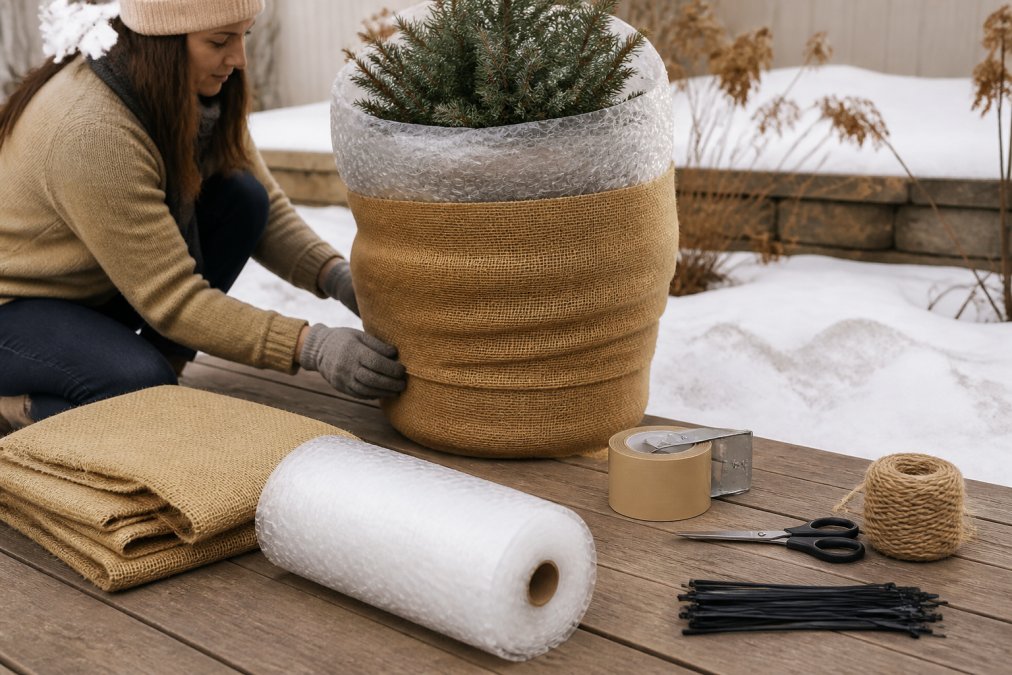 A homeowner wrapping a large outdoor planter with burlap and bubble wrap for winter insulation, with snow-covered ground nearby