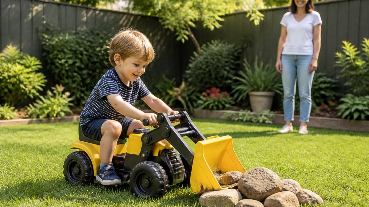 A young child aged three or four playing with a bright outdoor toy on a green lawn in warm summer light, with a parent watching from a few metres away
