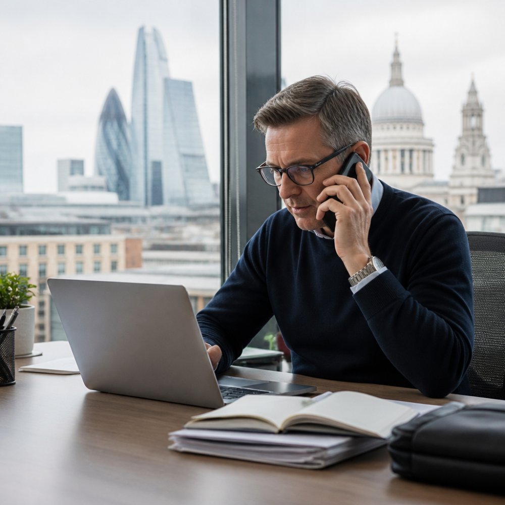 A sales director reviewing pipeline data on a laptop while speaking on the phone in a bright modern office, with a European city skyline visible through the window