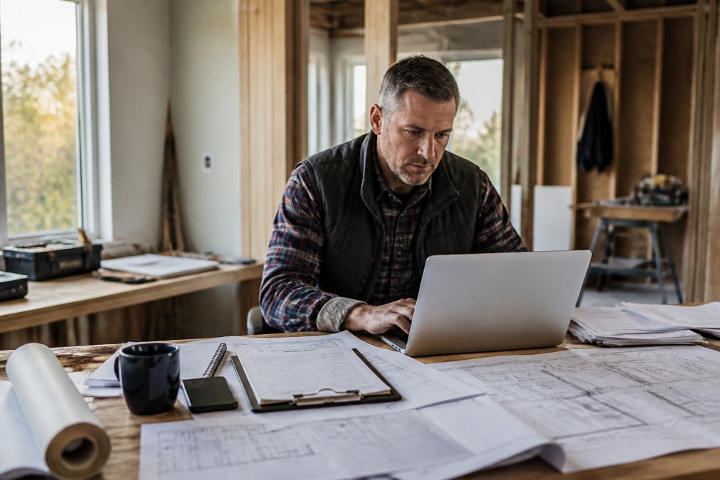 Renovation contractor reviewing financial reports on laptop at job site office, with blueprints and invoices visible on desk, natural daylight streaming through windows