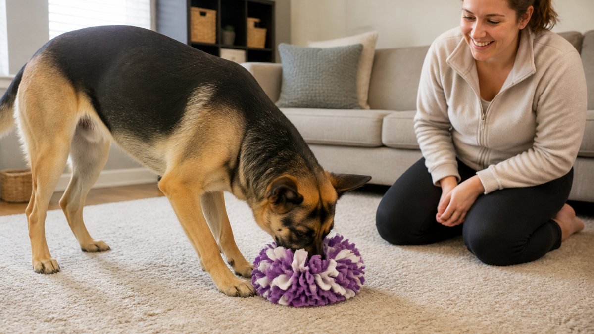 A large, high-energy dog nosing a fleece snuffle ball on a living room rug, with a woman kneeling nearby and smiling as the dog works for treats