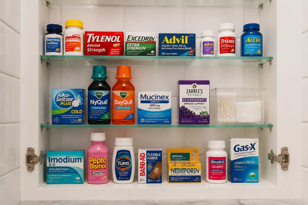 Neatly organized medicine cabinet shelf with various OTC medication boxes and bottles arranged by category in labeled rows, bright bathroom lighting with white tile background