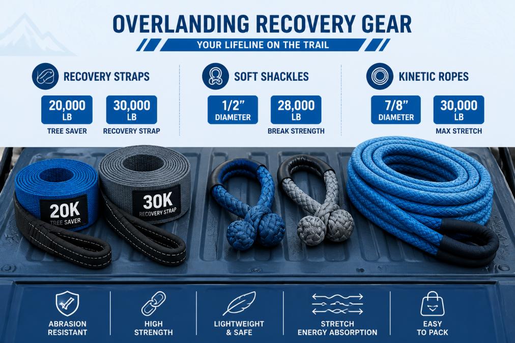 Close-up of recovery straps, soft shackles, and kinetic ropes laid out on a truck bed showing texture and color variation of synthetic materials under natural sunlight