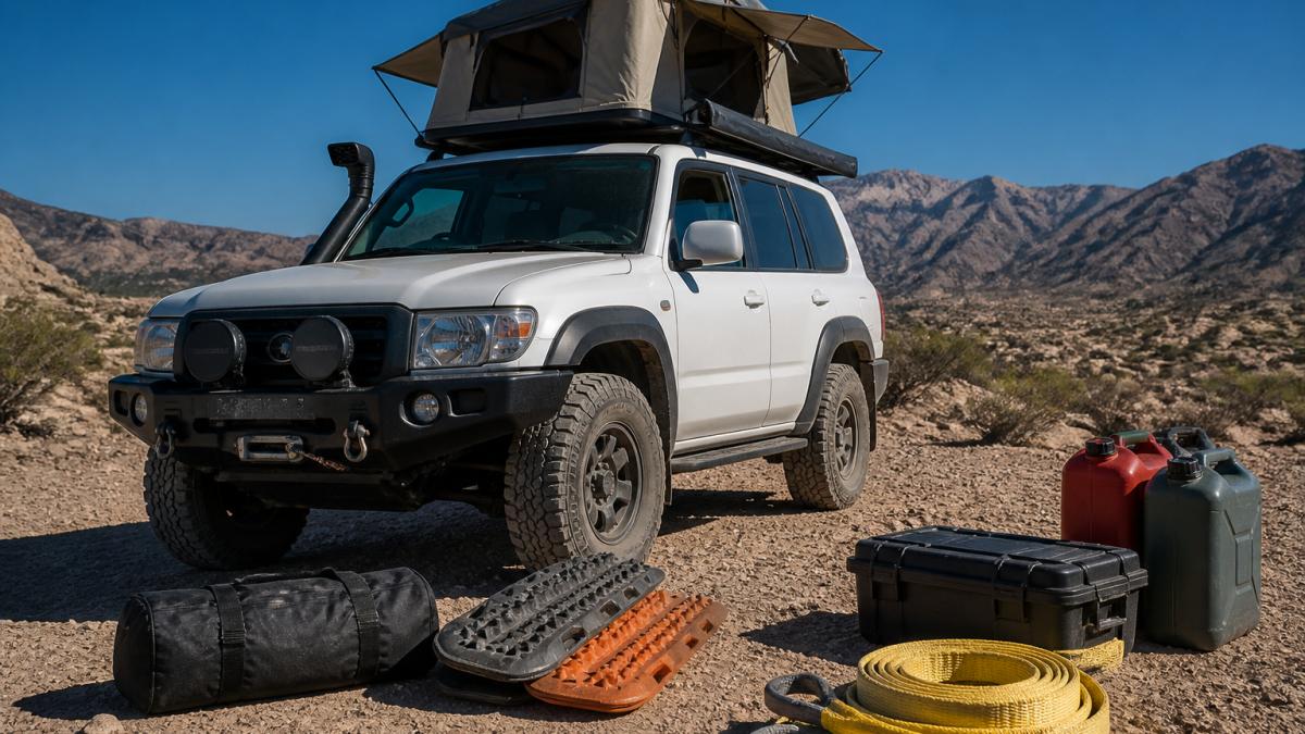 A rugged four-wheel-drive vehicle parked on desert terrain with recovery straps, traction boards, and a rooftop tent visible, surrounded by rocky landscape under clear blue sky