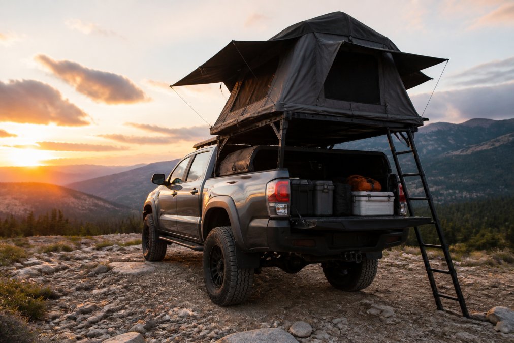 Toyota Tacoma on a rocky trail at sunset featuring the best overlanding gear for toyota tacoma with a bed rack and tent.