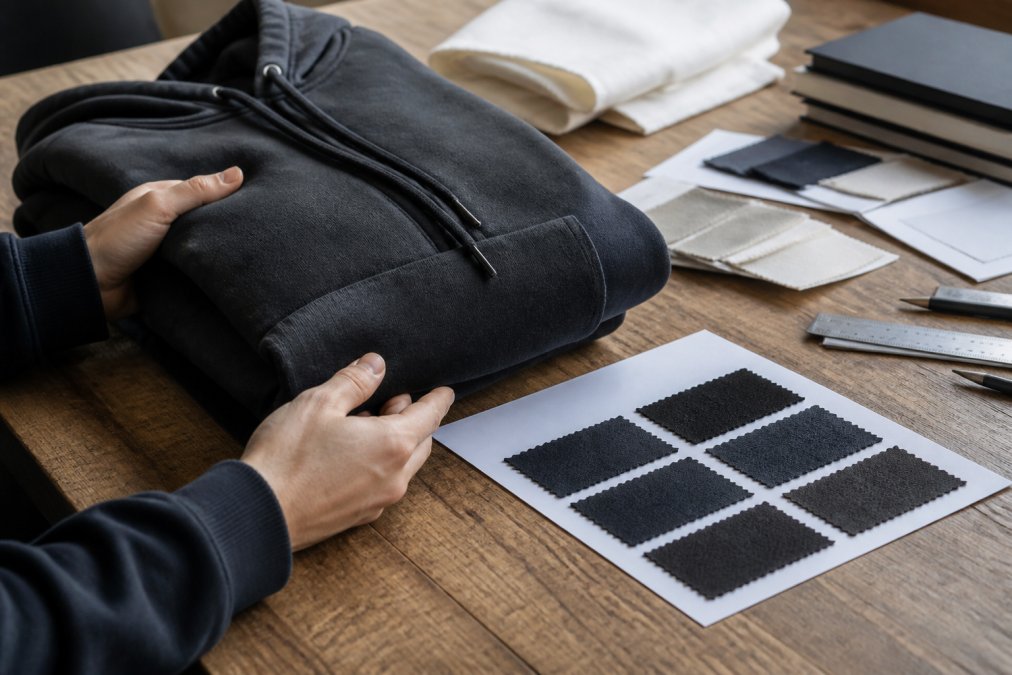 A close-up of hands holding a thick folded heavyweight cotton hoodie next to a fabric swatch, natural window light on a wooden table