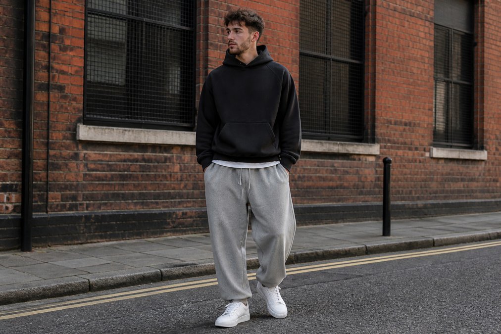 Young man wearing oversized joggers in neutral tone with pristine white low-top trainers, standing in urban street setting with brick walls and natural daylight, demonstrating complete streetwear outfit with layered top