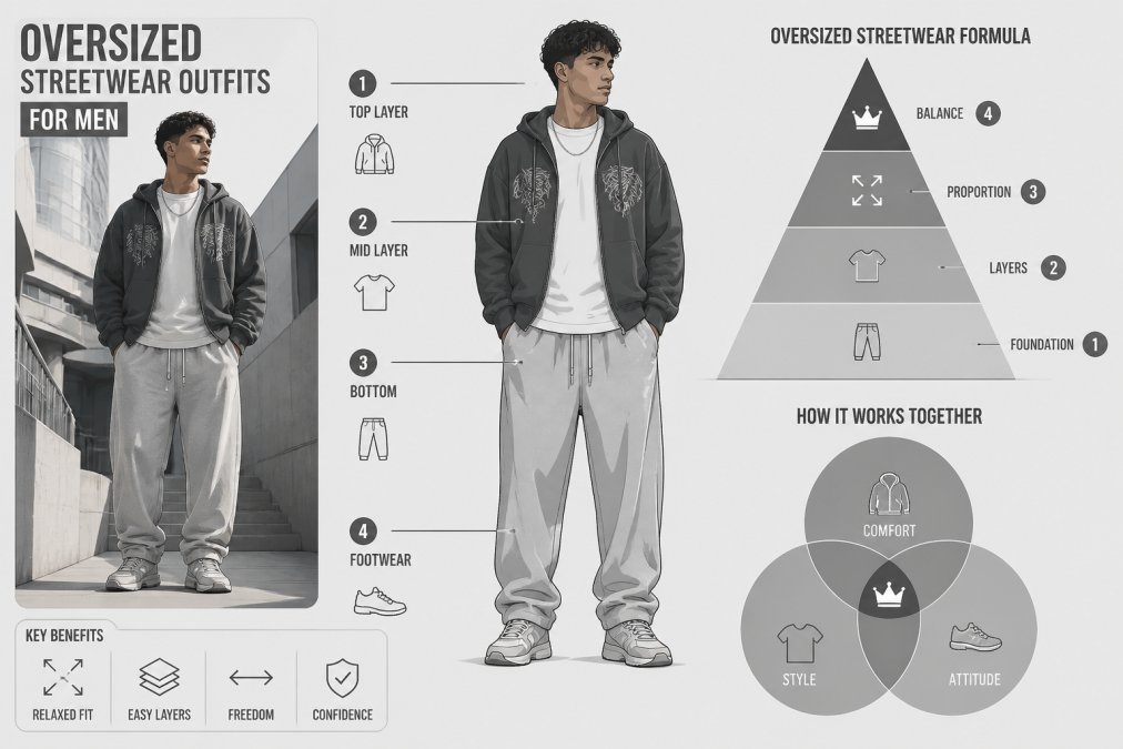 Model wearing relaxed-fit joggers in neutral colour with layered streetwear top, captured in urban environment with modern architecture and natural lighting, showing how oversized pieces work together in cohesive outfit