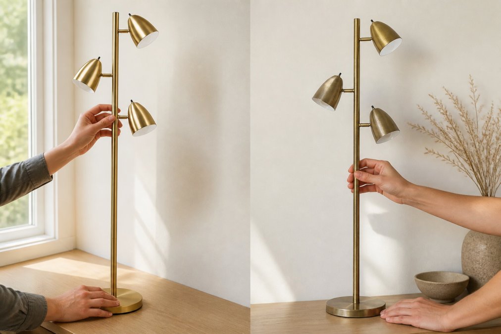 Person's hands closely examining the wood grain and metal finish of a quality furniture piece, testing stability and running fingers along joints in natural window light