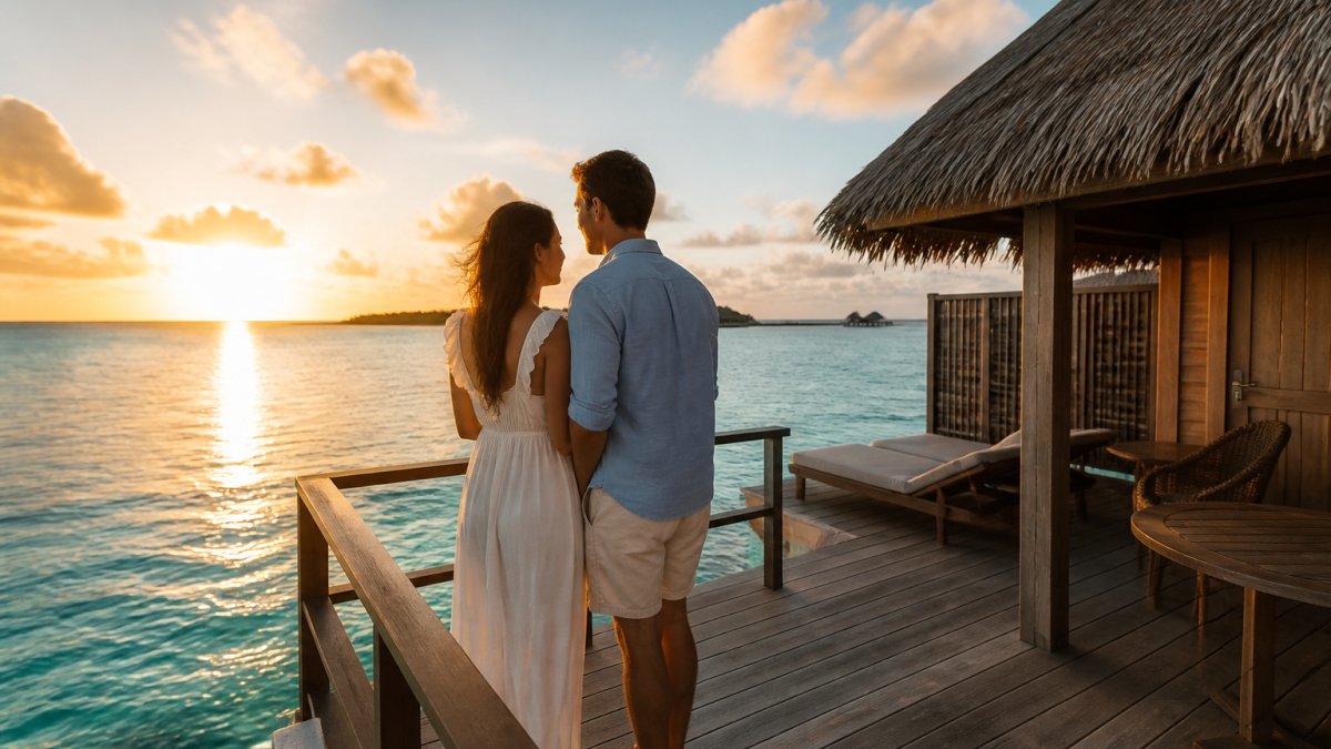 Couple standing on private overwater bungalow deck at golden hour sunset, turquoise lagoon water below, tropical sky with soft clouds, intimate and romantic setting