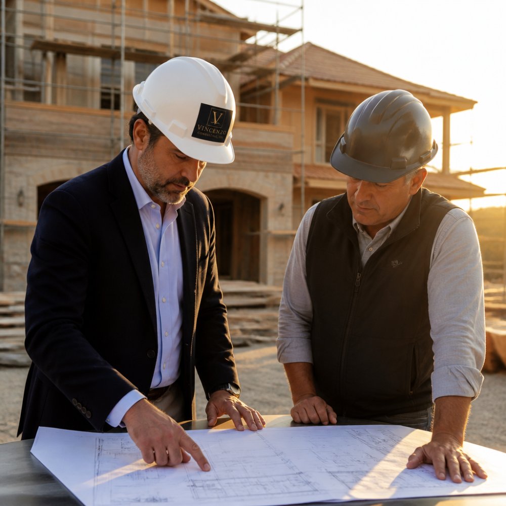 Owner representative reviewing luxury construction plans with a superintendent during golden hour