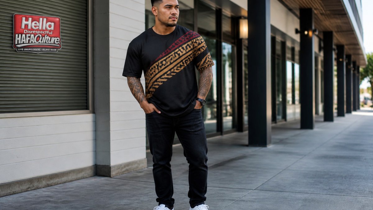 Man wearing bold Pacific Islander cultural tee styled casually with dark jeans and clean sneakers in urban setting, confident posture, natural daylight lighting