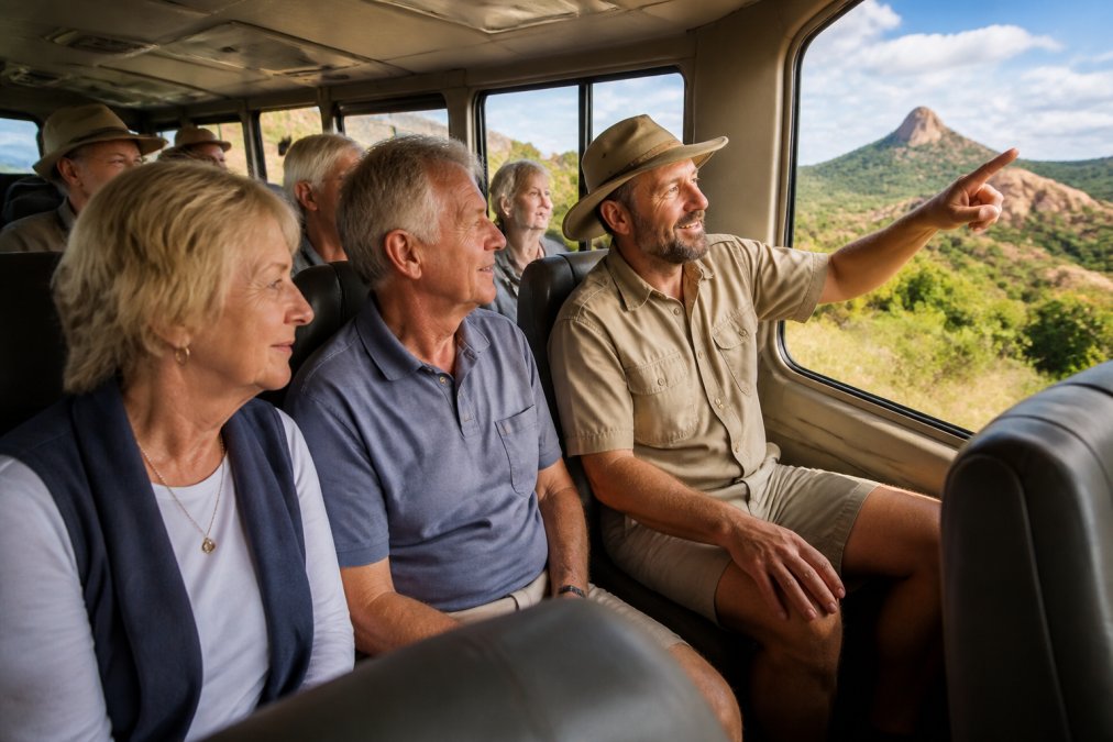 A small group of mature travellers sitting together in a purpose-designed 4WD vehicle, smiling and engaged, with an expert guide pointing out landmarks through the window