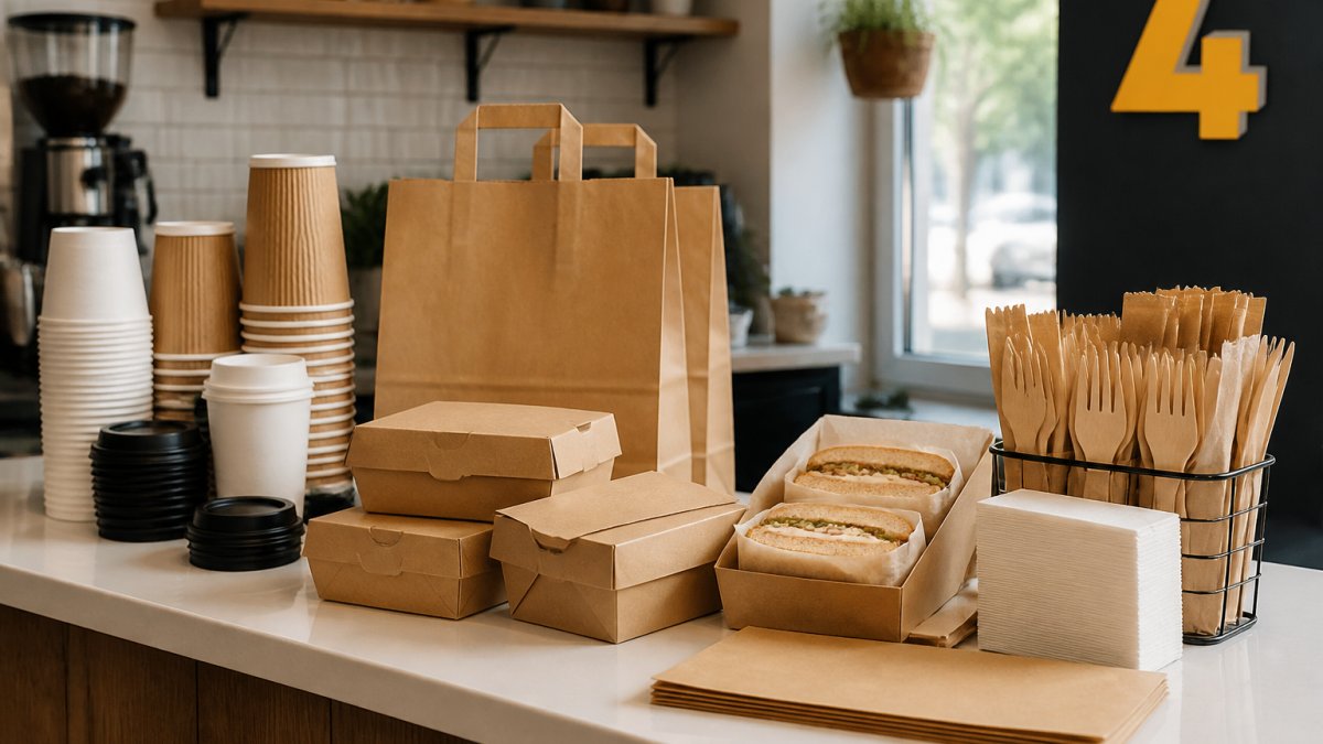 Café counter displaying various packaging supplies neatly arranged: stacked paper cups with lids, kraft paper bags, cardboard food boxes, sandwich wraps, napkins, and wooden cutlery in natural daylight