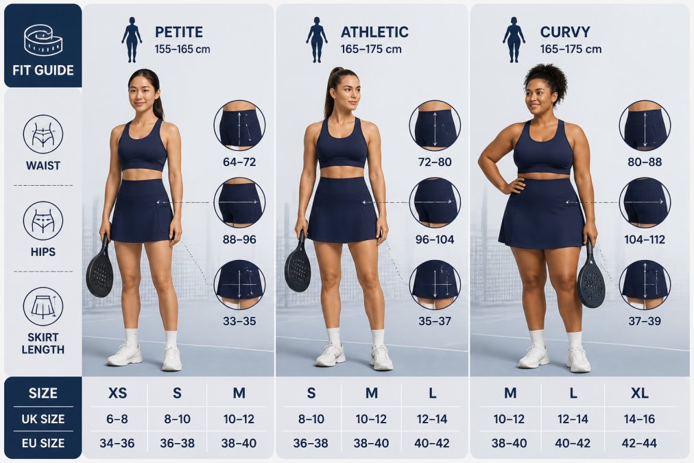 Three women with distinctly different body types standing side by side wearing fitted high-waisted padel skirts, showing how the built-in shorts and waistband support different frames, natural studio lighting with athletic background