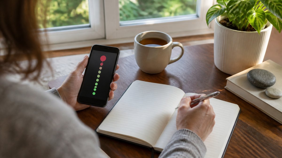 Person sitting at a desk with a smartphone showing a pain tracking app open, writing notes in a health journal with a cup of tea nearby, natural daylight streaming through a window