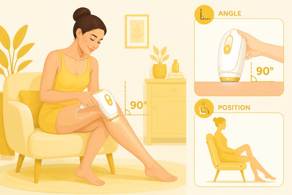 Woman using an IPL hair removal device on her leg at home, demonstrating proper technique with the device held at a 90-degree angle to skin and comfortable seated positioning