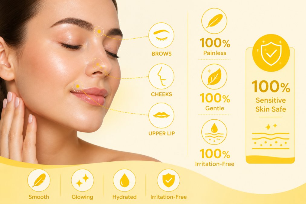 Close-up of a woman's face showing smooth, glowing, irritation-free skin after painless hair removal treatment, demonstrating gentle results on sensitive facial areas with natural lighting