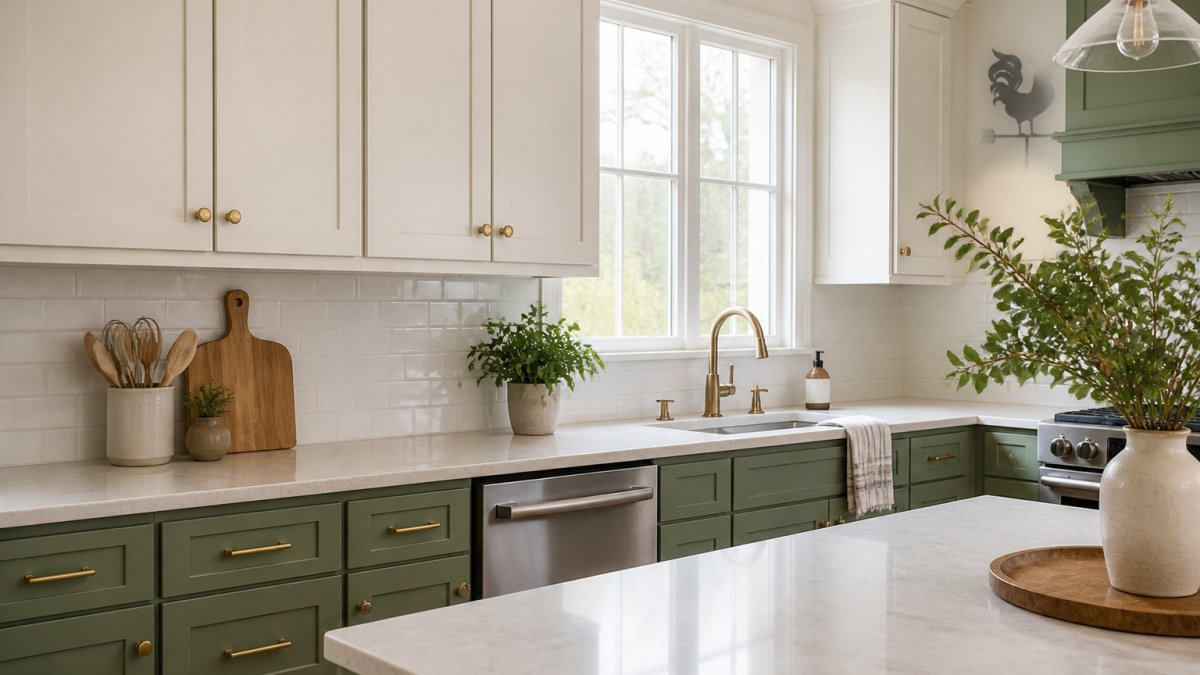 A bright modern kitchen with sage green lower cabinets, warm white upper cabinets, brass hardware, and a white quartz countertop, photographed in natural daylight