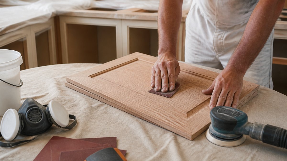 Professional painter sanding a kitchen cabinet door to ensure the best paint finish for kitchen cabinets.