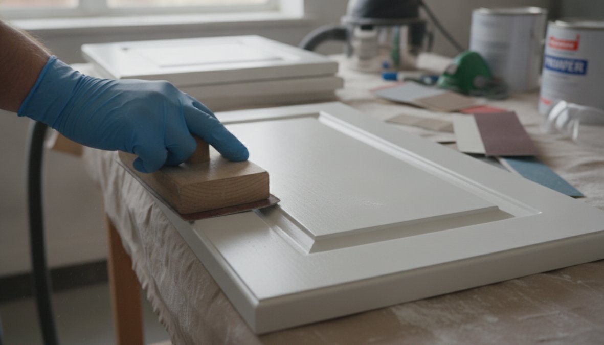 Professional illustration showing Close for best paint for kitchen cabinet refinishing