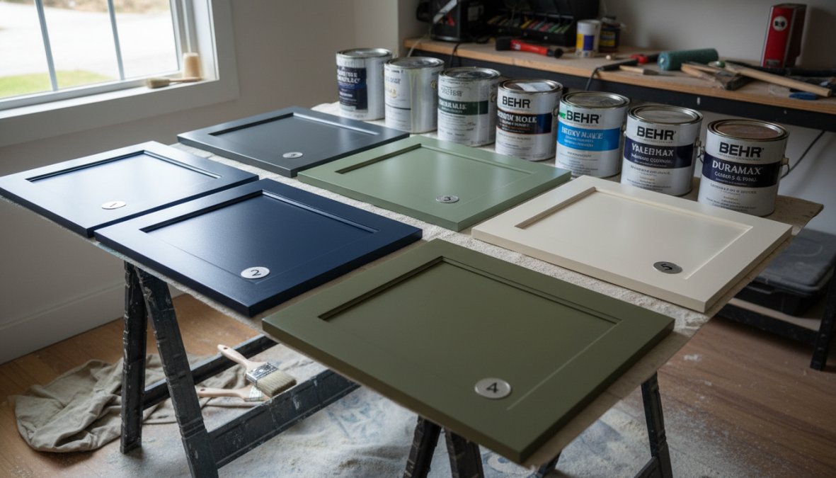Close-up of freshly painted white kitchen cabinet doors with a smooth, glossy satin finish, paint cans and a quality brush resting on a drop cloth nearby in a bright kitchen setting