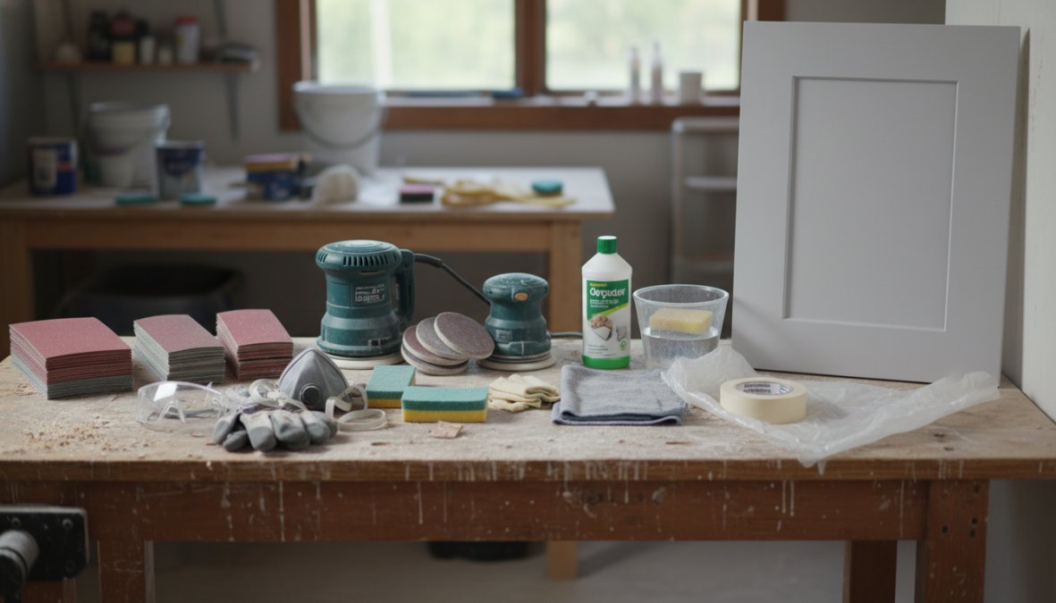 A person in work clothes sanding a wooden cabinet door on a workbench, with sandpaper, a tack cloth, and a degreaser spray bottle visible in a well-lit garage workspace