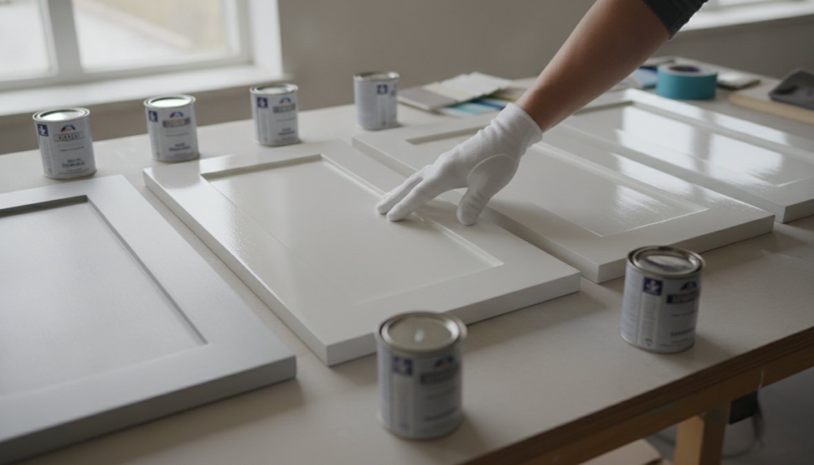 Close-up of freshly painted white kitchen cabinet doors with a smooth, semi-gloss factory finish, paint cans and a foam roller visible on a nearby countertop