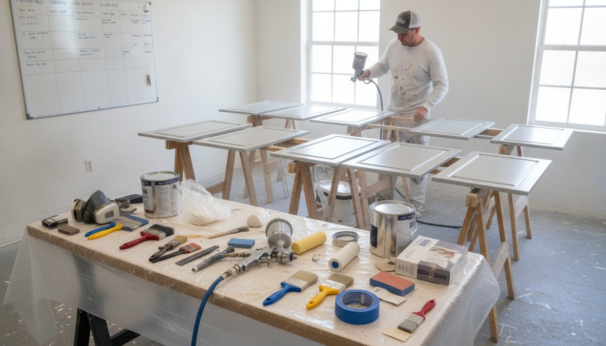 A professional painter in work clothes using a spray gun to apply paint to removed kitchen cabinet doors laid flat on sawhorses in a well-lit workshop