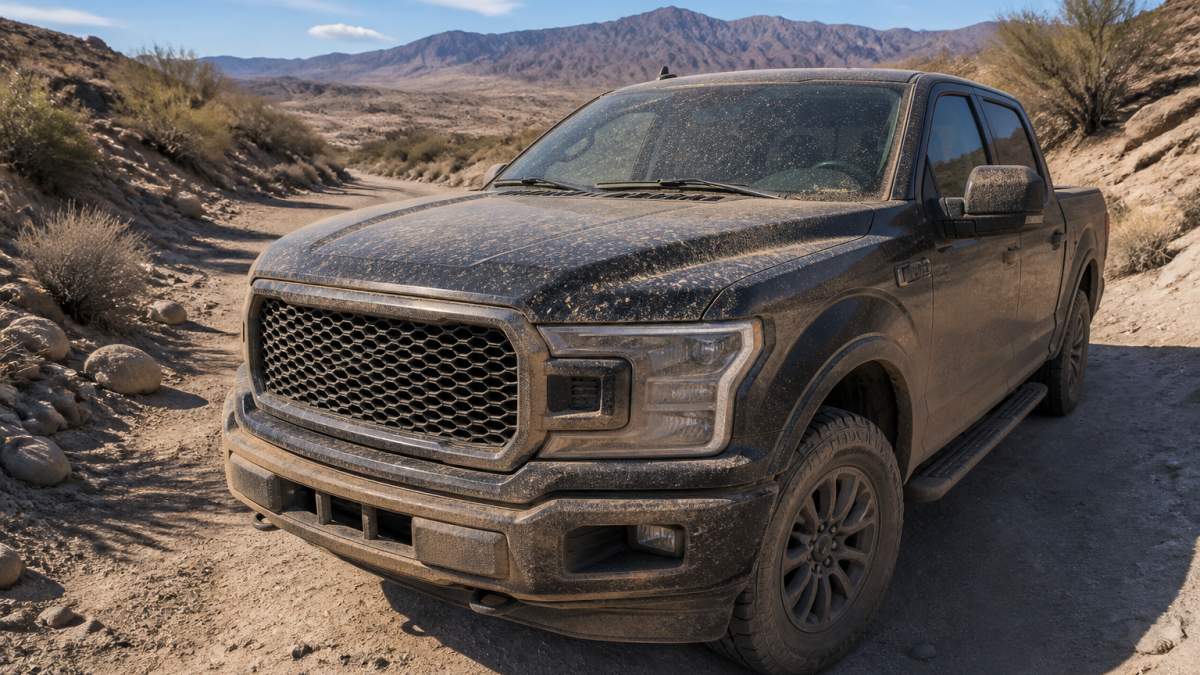 Pickup truck in a desert landscape with dust and sun exposure needing the best paint protection for desert trucks