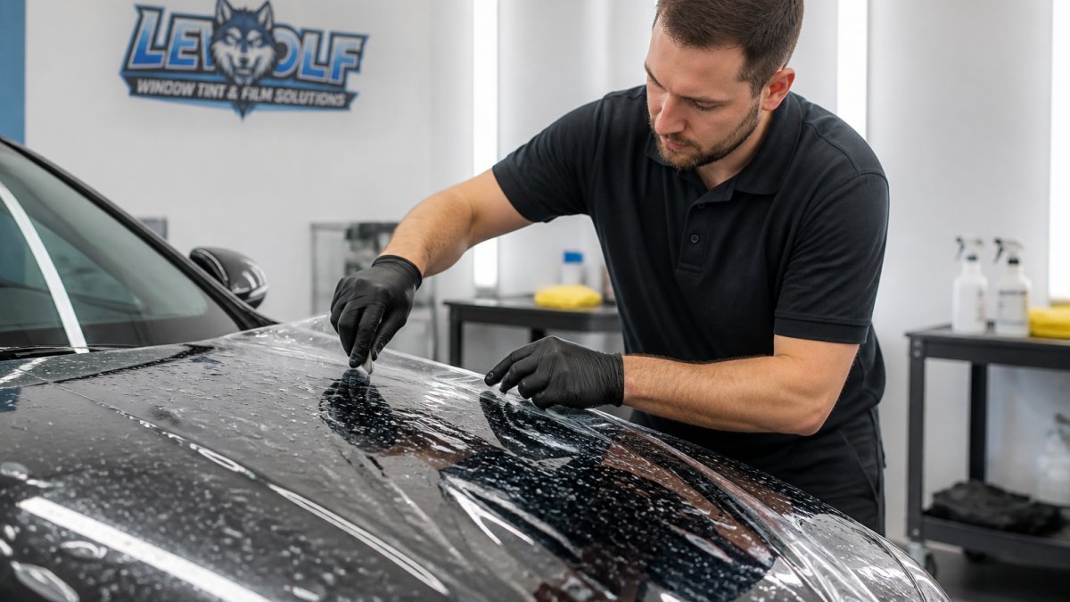 Professional technician carefully applying paint protection film to luxury car hood, showing precision technique and detailed surface preparation under bright workshop lighting