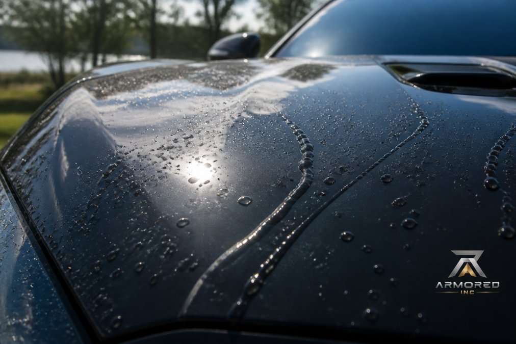 Close-up of a sports car's glossy hood showing water beading and droplets rolling off a hydrophobic surface, with sunlight reflecting off the protected paint