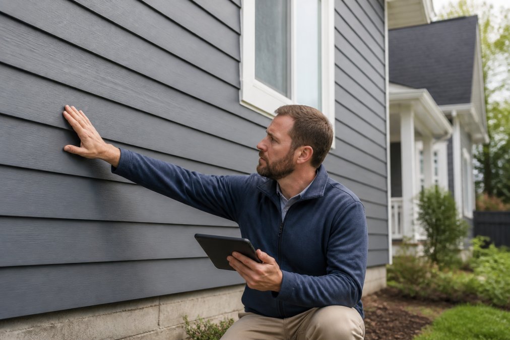 Experienced painter inspecting finished exterior siding work with careful attention, demonstrating quality craftsmanship, surface preparation expertise, and professional standards in natural daylight