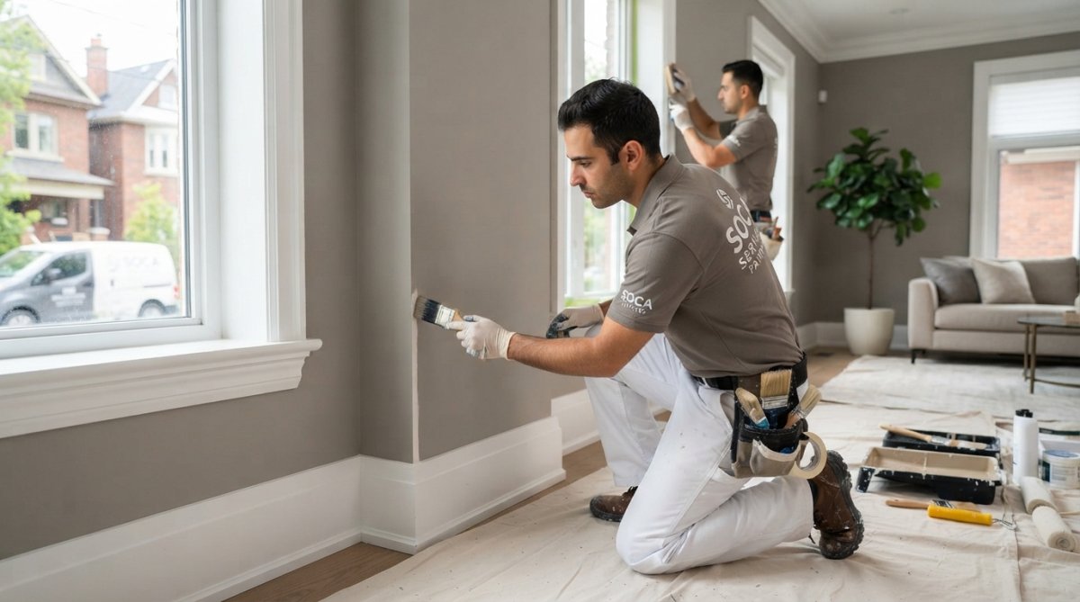 Soca Services painting team performing detailed surface preparation and drywall repair before interior paint application in Toronto home