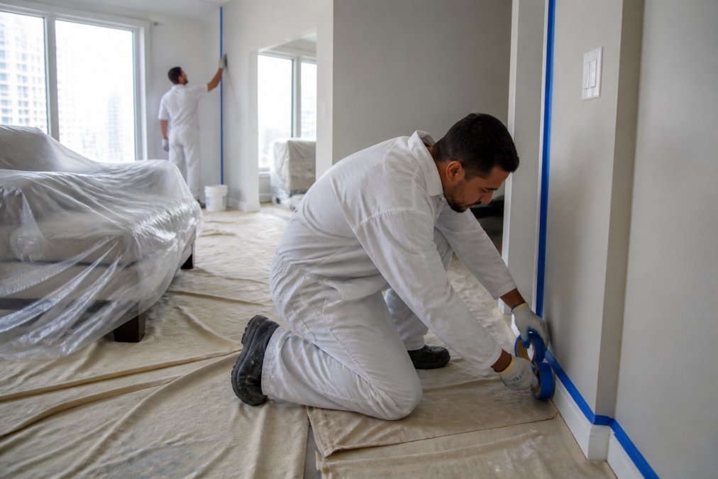 Professional painter prepping a condo with tape for painting services for Chicago condos in a bright living room