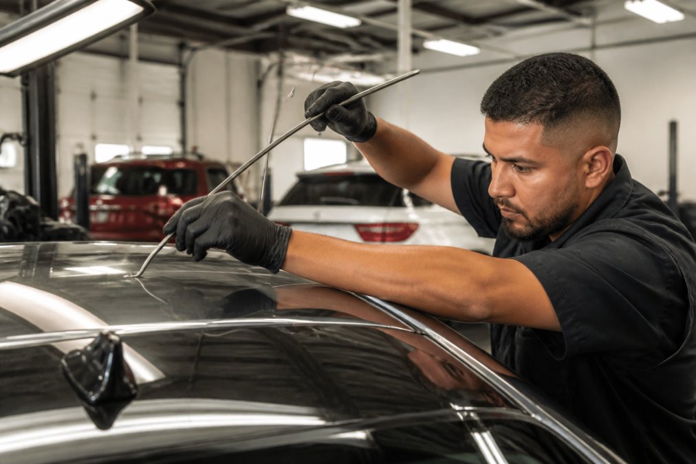 A professional paintless dent repair technician using specialized rods and hooks to gently massage a hail dent from a car's roof panel in a bright, clean auto shop