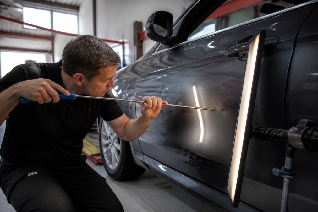 A certified technician using a PDR rod tool to carefully massage a dent out of a car door panel in a clean, well-lit garage