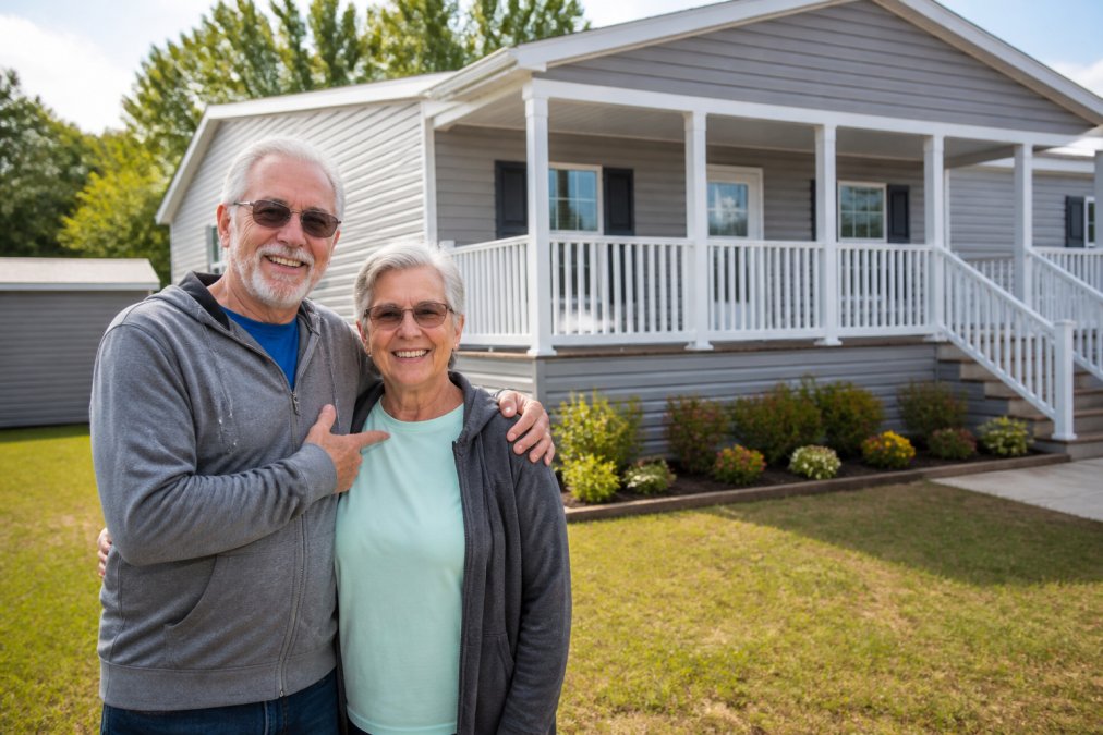 Retired couple standing in front of a modern manufactured home with a covered porch, smiling and pointing at their new home in natural afternoon lighting