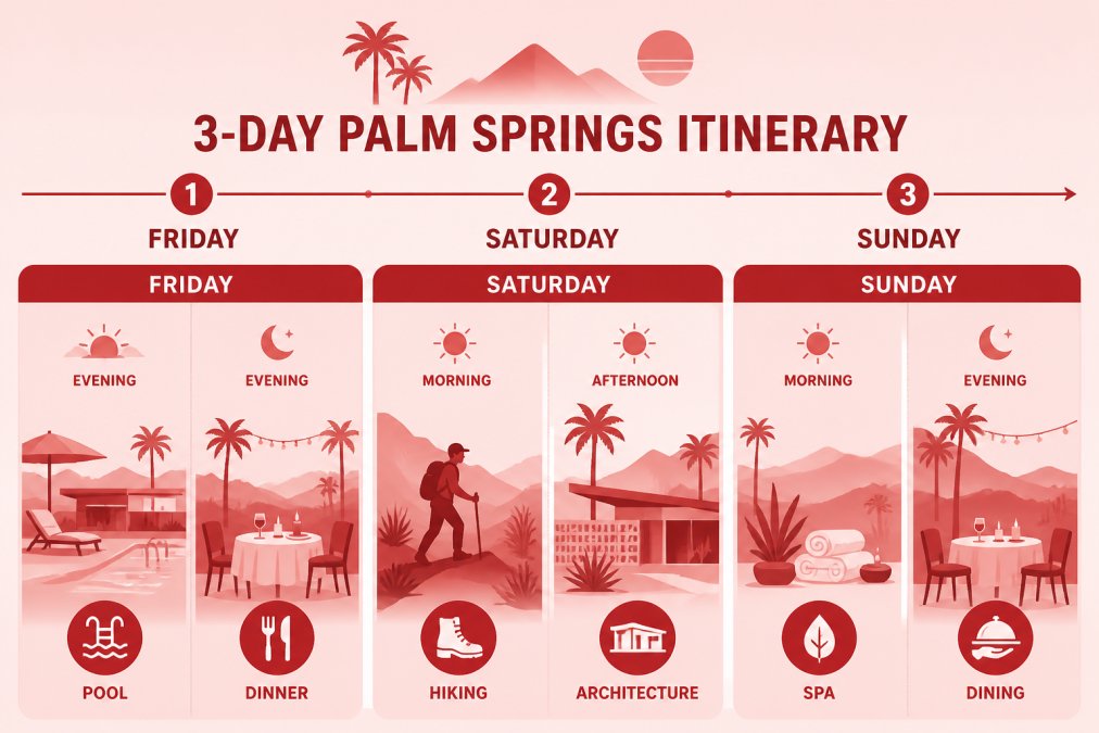 Timeline showing a 3-day weekend schedule: Friday evening poolside arrival and dinner, Saturday morning hiking and afternoon architecture tour, Sunday wellness spa and evening dining
