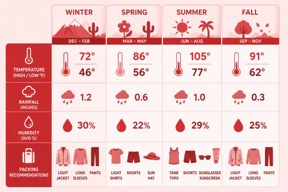 Comparison matrix showing seasonal weather patterns by month (temperature highs/lows), rainfall, humidity levels, and recommended packing for each season