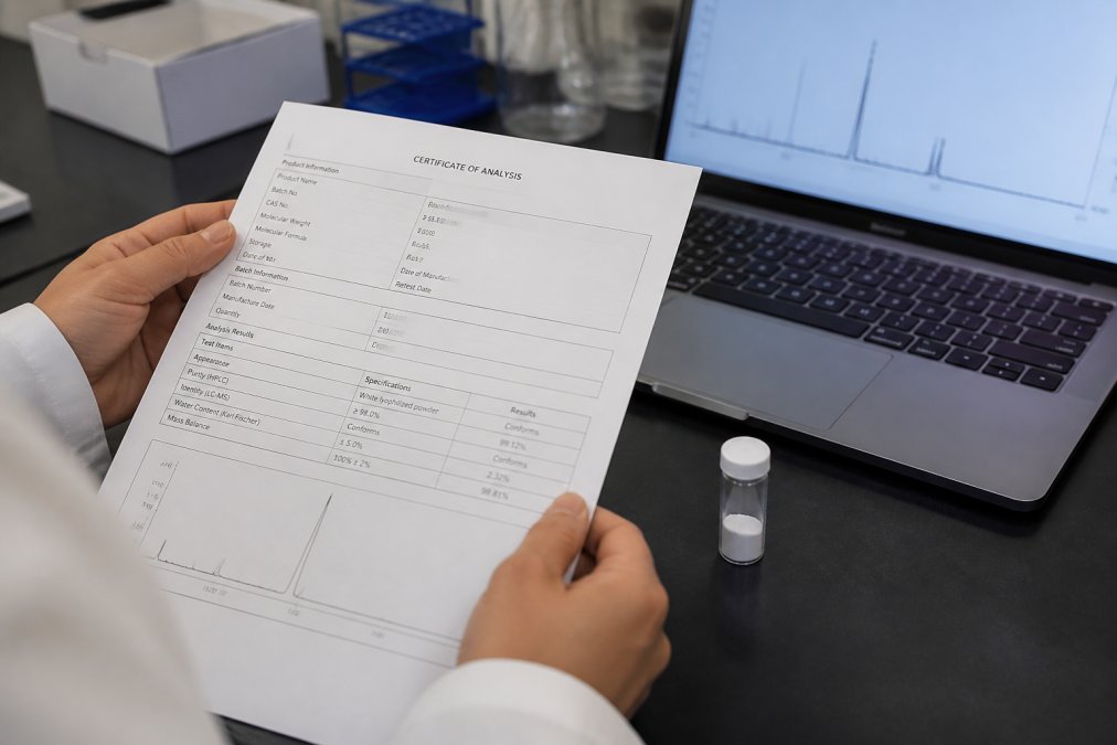 Close-up of a researcher's hands holding a printed Certificate of Analysis document next to a laboratory vial and a laptop displaying a purity graph, bright overhead lab lighting