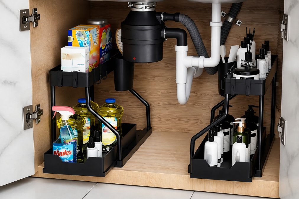 Well-organized deep pantry shelf filled with clear plastic bins containing pasta, snacks, and baking supplies, items clearly visible and labeled with handwritten tags, natural kitchen lighting showing the organized contents