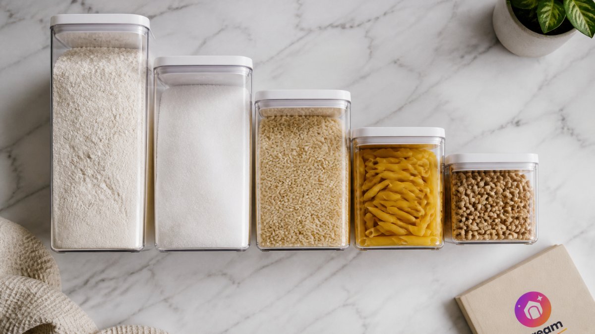 Infographic comparing capacity and sizes of five glass storage jars filled with various dry pantry staples