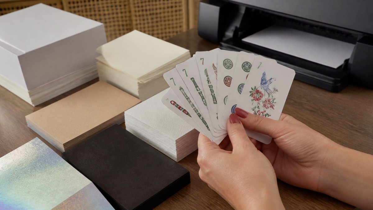 Close-up of a woman's hands fanning out freshly printed mahjong cards on a wooden table, with stacks of cardstock in different finishes and a home printer visible in the background