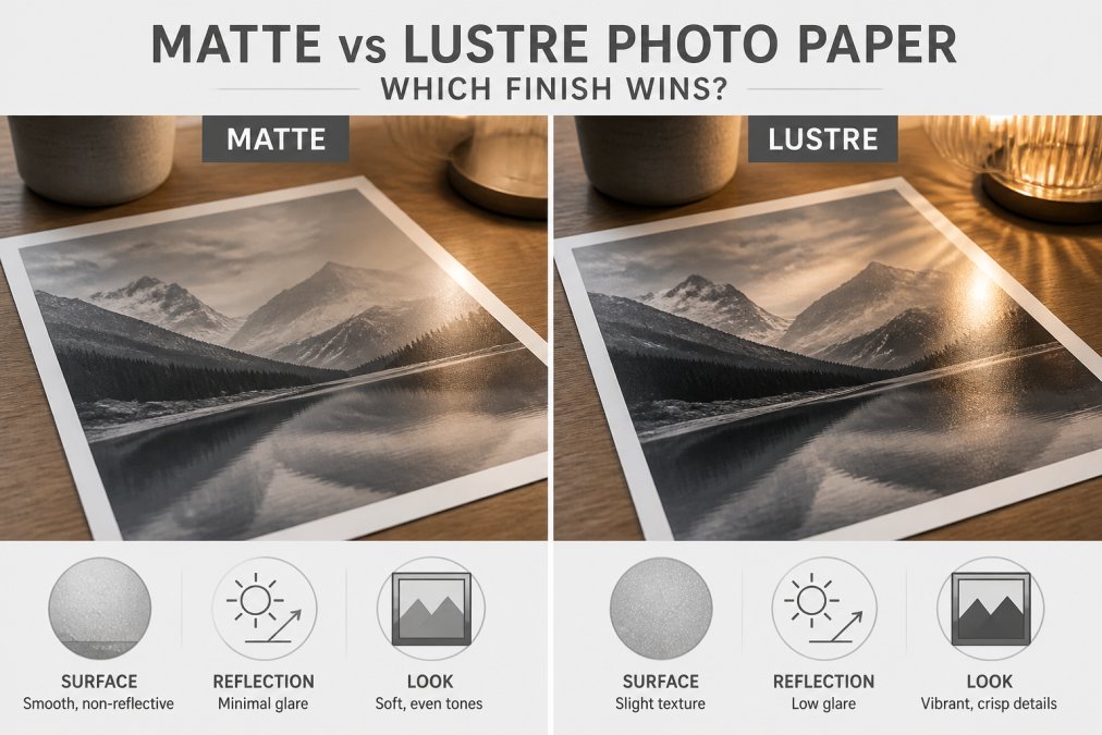 Close-up of two printed art prints side by side on a wooden table, one with a matte finish and one with a lustre finish, showing the difference in surface texture and light reflection under warm room lighting
