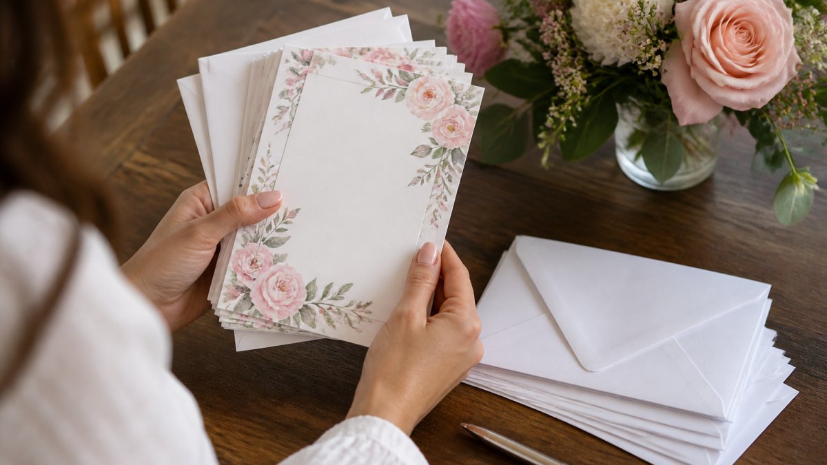 A host's hands holding a stack of printed bridal shower invitations with white envelopes on a table styled with fresh florals and a pen, ready for mailing