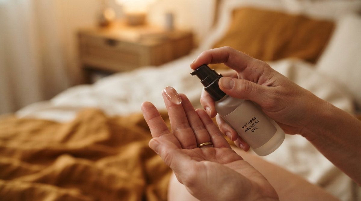 Close-up of hands holding a paraben-free arousal gel product with soft, intimate warm lighting showing the gel's smooth, glossy texture and consistency