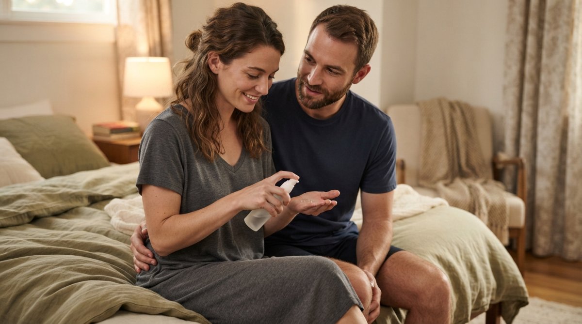 Person in relaxed, comfortable intimate setting applying paraben-free arousal gel with focused, confident expression in warm, natural lighting
