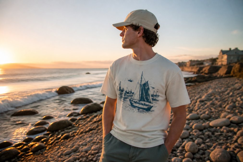Person wearing vintage-inspired coastal graphic tee and organic cotton baseball cap, standing on rocky beach at sunrise with waves in background, embodying relaxed Rhode Island coastal lifestyle