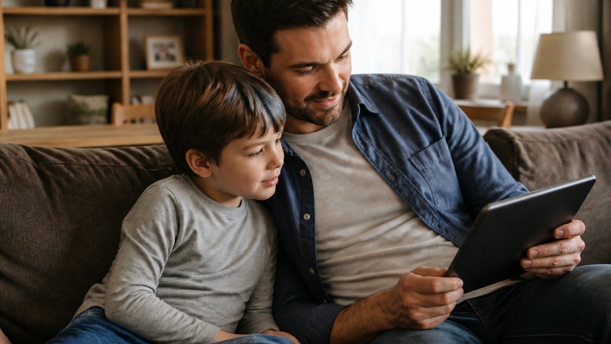 Parent and child sitting together on a couch, parent holding tablet showing a safe video interface while child watches, bright home environment, peaceful interaction